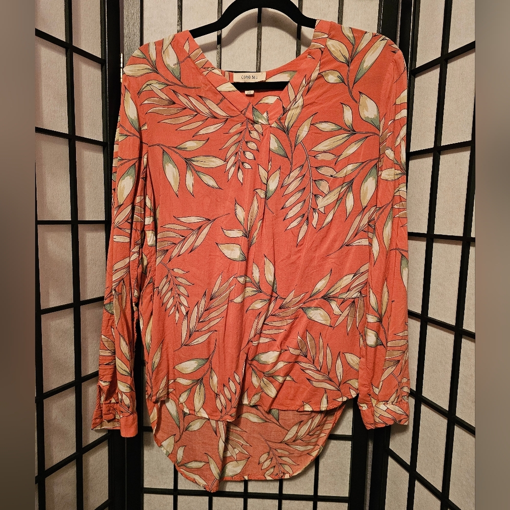Como Blu Women's Coral Leaf Print Long Sleeve Blouse Top Size‎ M